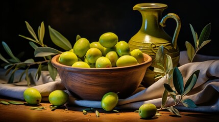 Still life with green olives, olive oil bottle, olive branch, and linen napkin on kitchen table