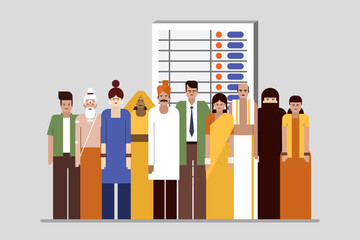 People from different walks of life standing in front of Electronic voting machine. Concept of election in India