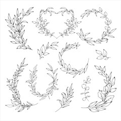 Vector set of elegant floral wreaths and arrangements of eucalyptus and greenery branches, hand drawn wedding card design, botanical borders, hand drawn line art floral illustration - 757893039