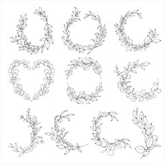 Vector set of elegant floral wreaths and arrangements of eucalyptus and greenery branches, hand drawn wedding card design, botanical borders, hand drawn line art floral illustration - 757893085