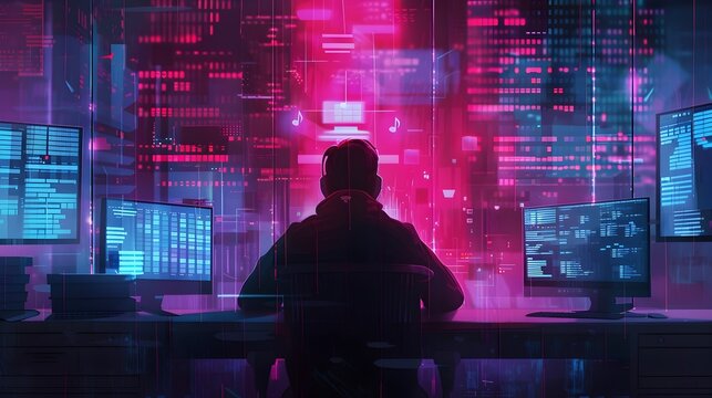 Silhouette of hacker in dark room with glowing pink screens, cyber security and data theft concept.