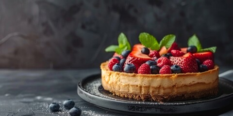 Decadent cheesecake topped with an assortment of fresh berries and mint leaves, presented on a dark slate background.