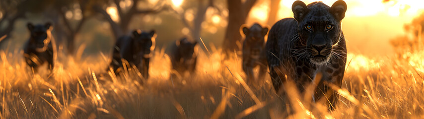 Black panthers standing in the savanna with setting sun shining. Group of wild animals in nature. Horizontal, banner.