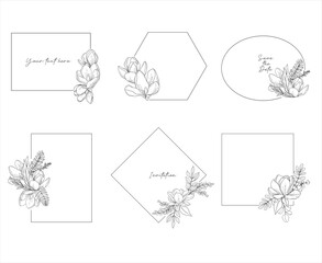 Vector set of elegant geometric frames decorated by eucalyptus and greenery branches, hand drawn wedding card design, botanical borders, hand drawn line art floral illustration - 757893242