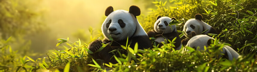 Panda bear family at the rain forest with setting sun shining. Group of wild animals in nature. Horizontal, banner.