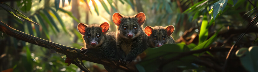 Possum family in the forest with setting sun shining. Group of wild animals in nature. Horizontal,...