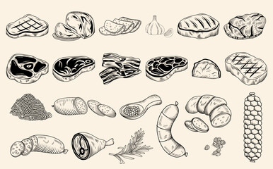 Set of hand drawn meat products sketch illustration (Steak, beef, lamb, pork steak, ham, minced meat, sausage, spices, jamon, lard), vector food collection, butchery food meat product clipart  - 757893465