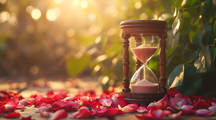 A vintage-style hourglass with rose petals instead of sand, illustrating the gentle passage of time in matters of the heart - obrazy, fototapety, plakaty