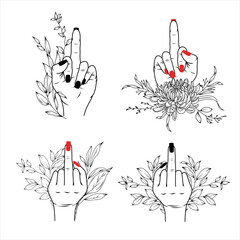 Set of women hands with middle finger up, decorated by greenery branches, female hands with red and black polish isolated vector Illustration - 757893619