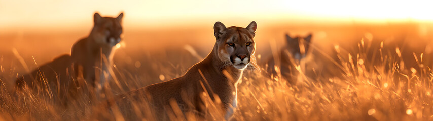Puma family in the savanna with setting sun shining. Group of wild animals in nature. - obrazy, fototapety, plakaty
