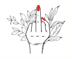 Woman hand with middle finger up, decorated by greenery branches, female hand with red polish isolated vector Illustration - 757893688