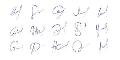 A set of handwritten fictional autographs. Vector illustration on white background	