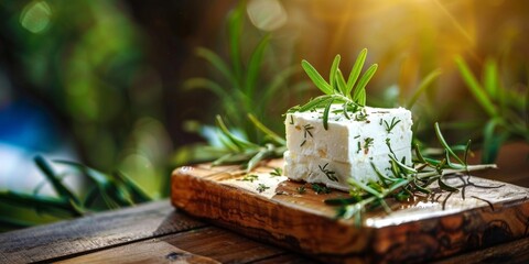 Block of feta cheese seasoned with rosemary on a rustic wooden cutting board.