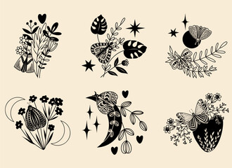 Set of mystical celestial moths, flowers and branches, vector floral and fauna illustration, mystical floral elements - 757893832