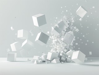 An array of white cubes in various sizes exploding or dispersing against a neutral background, representing chaos, fragmentation, or disintegration.