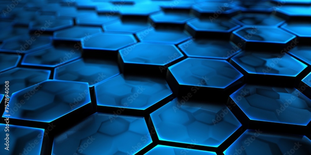 Poster abstract background of blue illuminated hexagonal shapes, suggestive of futuristic or technological 