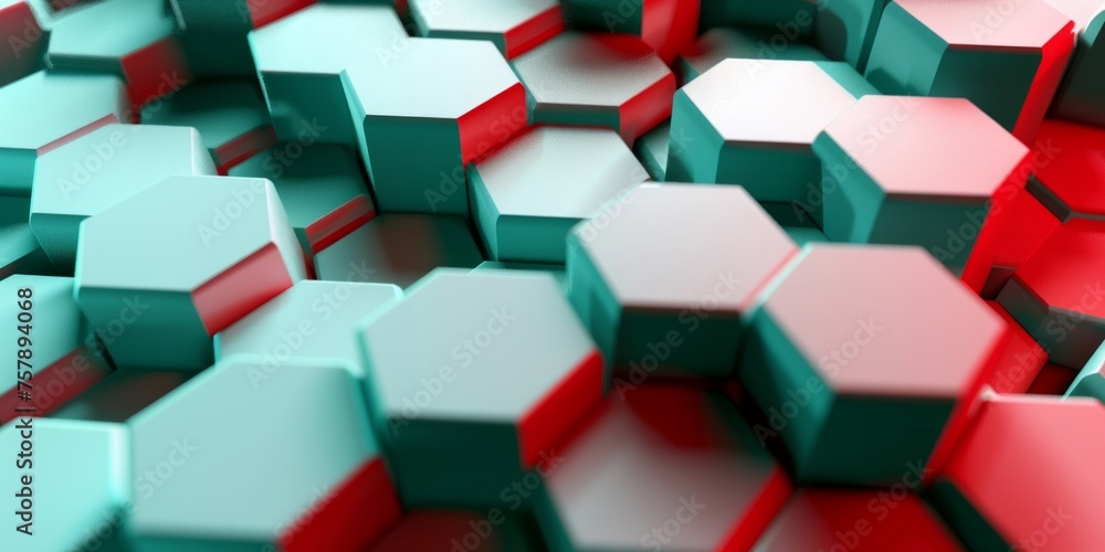 Poster vivid red and green hexagons create a mesmerizing 3d pattern with a sense of depth and modernity.