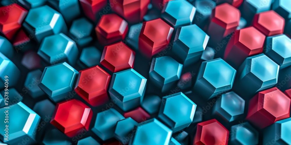 Poster an abstract pattern of hexagons in contrasting blue and red shades.