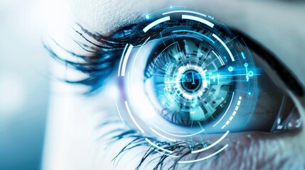 Close-up of a human eye with a futuristic digital interface overlay, implying advanced technology or cybernetic augmentation.