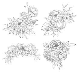 Collection of peony flowers bouquets and flower compositions, hand drawn botanical  line art drawing, vector floral illustration - 757894093
