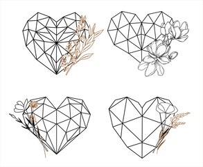 Set of vector geometric hearts in polygon style decorated by wildflowers, geometric floral heart logo, faceted floral heart illustration, design for post card, business card and for valentines day - 757894499
