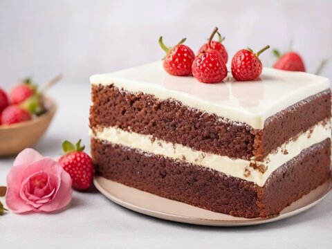 Free  Photo Chocolate cake with cream and berries on a light background Selective focus. 