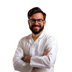 Portrait of a smiling young male doctor in a white coat and glasses isolated on transparent background