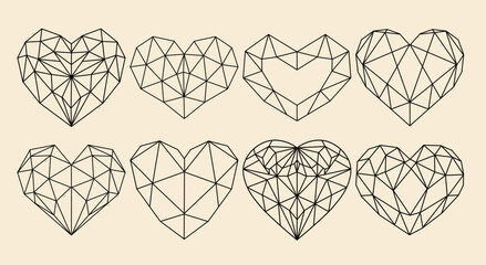 Set of vector geometric hearts in polygon style, geometric heart logo, faceted heart illustration, design for post card, business card and for valentines day - 757894653