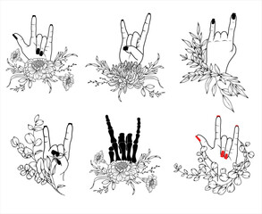 Set of hands in rock n roll sign in floral decoration, women hands with red and black polish, skeleton hand in rock n roll sign, hand drawn vector isolated illustration - 757894662