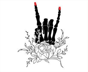 Woman skeleton hand with red polish in rock n roll sign decorated by peony flowers,  hand drawn vector isolated illustration