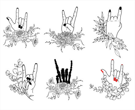 Set of hands in rock n roll sign in floral decoration, women hands with red and black polish, skeleton hand in rock n roll sign, hand drawn vector isolated illustration