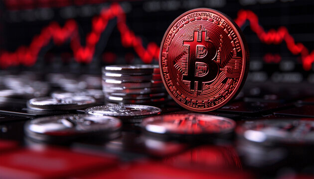 Bitcoin with red chart down. Crypto and Bitcoin cryptocurrency stock trading background concept. Golden bitcoin over many international money coins with abstract trading red market data chart 