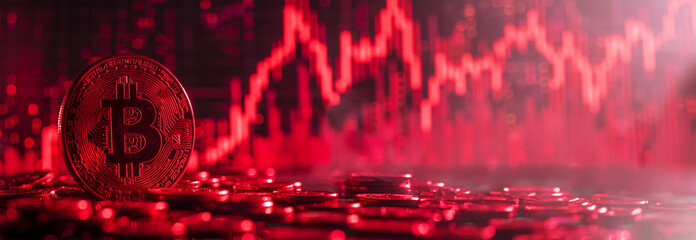 Bitcoin with red chart down. Crypto and Bitcoin cryptocurrency stock trading background concept. Golden bitcoin over many international money coins with abstract trading red market data chart 