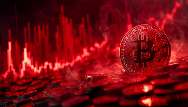 Bitcoin with red chart down. Crypto and Bitcoin cryptocurrency stock trading background concept. Golden bitcoin over many international money coins with abstract trading red market data chart