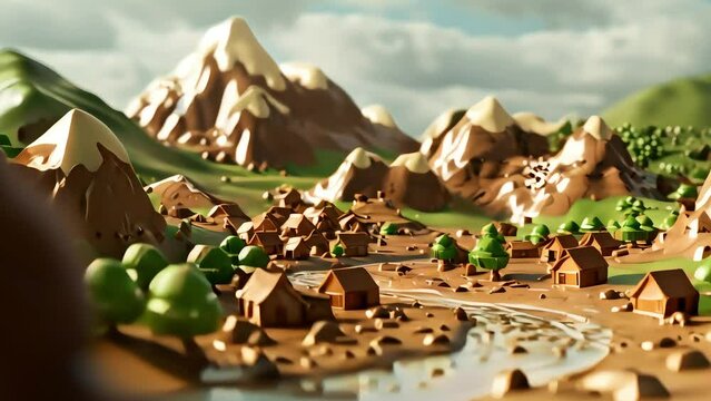 3D illustration of chocolate candy mountain with  river