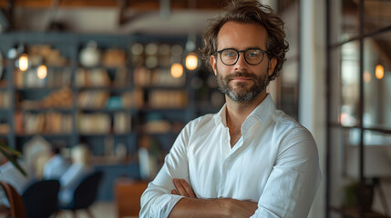 Fototapeta premium A confident business professional poses in a modern office