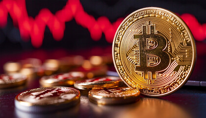 Bitcoin with red chart down. Crypto and Bitcoin cryptocurrency stock trading background concept. Golden bitcoin over many international money coins with abstract trading red market data chart 
