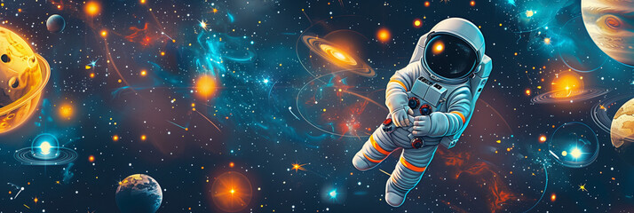 Kids space background, planets, stars, and dog astronaut 