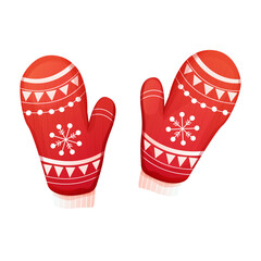 Cute red mittens, winter accessory, knitted gloves with snowflake decoration isolated on white background.