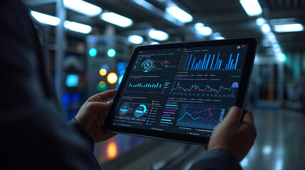 Futuristic tablet display showing complex data analysis in a high-tech environment.