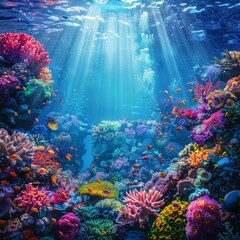 Fototapeta na wymiar A vibrant coral reef underwater scene with diverse marine life. --stylize 250 Job ID: 9fad6407-9798-4da9-93db-32406cb7af4d