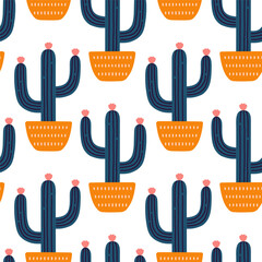 Cute cactus seamless pattern. Desert spiny plant, mexico cacti flower and tropical home plants.