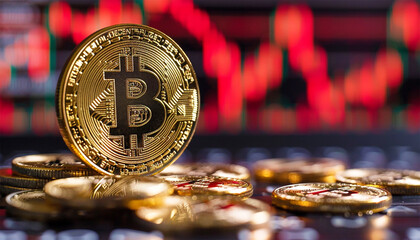 Bitcoin with red chart down. Crypto and Bitcoin cryptocurrency stock trading background concept. Golden bitcoin over many international money coins with abstract trading red market data chart 