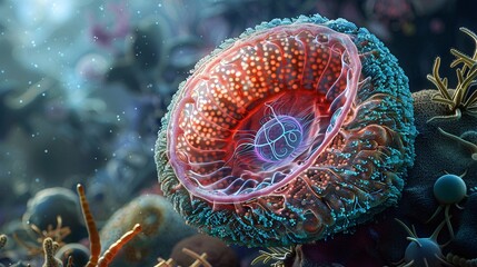 Alien Eye - A captivating image of an alien-like creature with a glowing, blue eye, surrounded by a vibrant, colorful underwater world. Generative AI