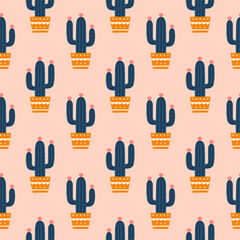 Cute cactus seamless pattern. Desert spiny plant, mexico cacti flower and tropical home plants.