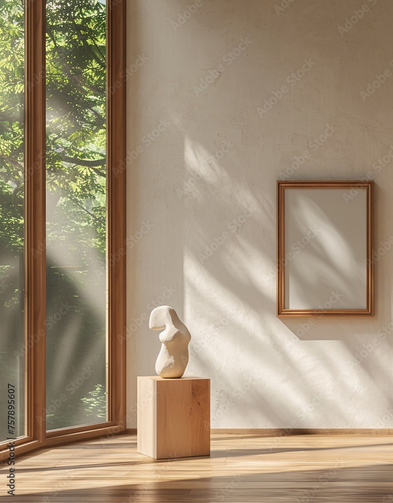 Poster sunlit art gallery a modern display of white sculptures and mirrors generative ai