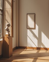 Sunlit Art Gallery A Roman Bust and a White Frame Generative AI