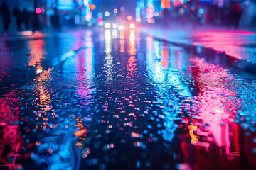 Neon reflections on wet asphalt in smoky night city  - obrazy, fototapety, plakaty