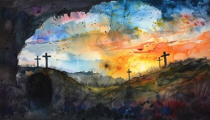Sunset Crossing A Painting of Two Crosses in a Field Generative AI