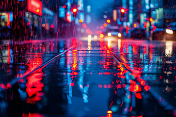 Neon reflections on wet asphalt in smoky night city 